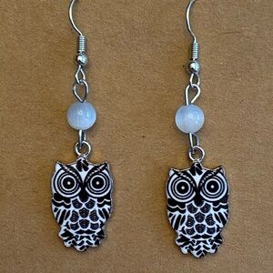 Hand Crafted Black and White Owl Beaded Dangle Earrings